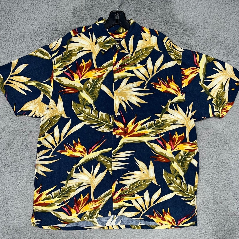 VTG Nautica Shirt Men Sz L Floral Hawaiian Linen Blend Short Sleeve Oversized